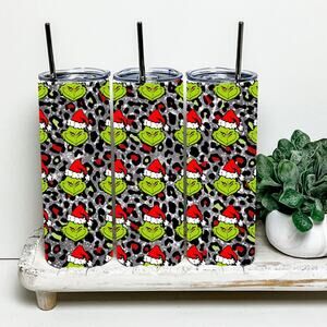 The Grinch Leopard Print Santa Hat 20oz Tumbler With Metal Straw